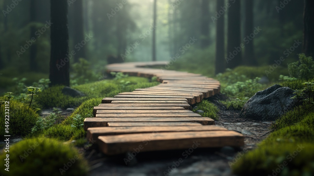 Winding wooden path through a misty forest