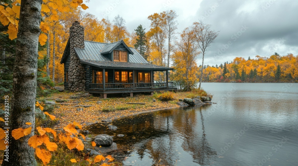 Lakeside cabin nestled amidst vibrant autumn foliage, reflecting in calm waters
