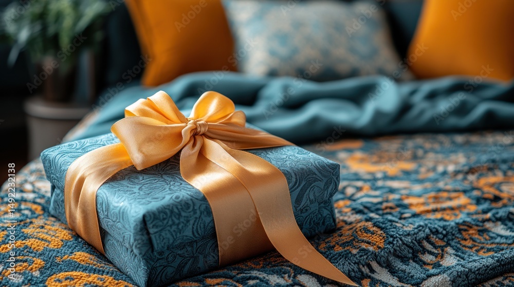 Teal gift box with gold ribbon sits on a patterned blanket