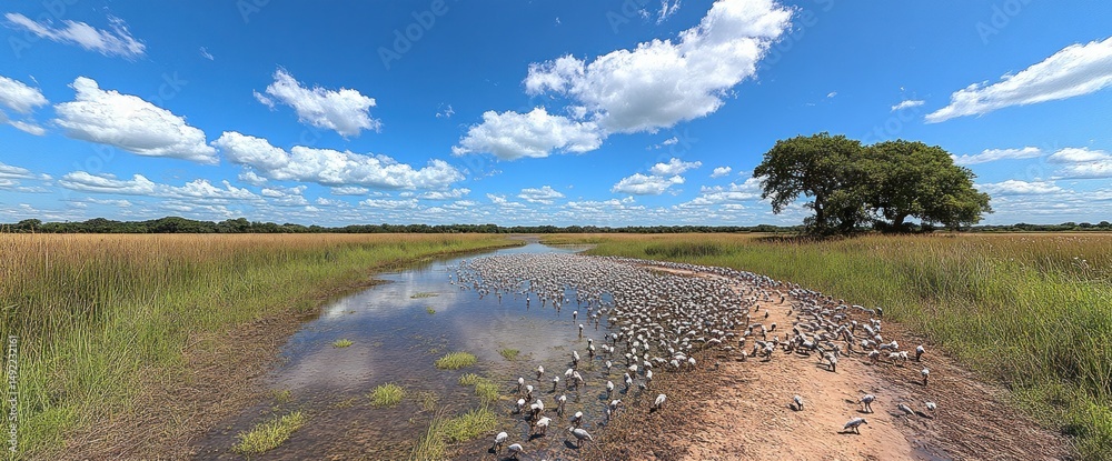Birds flocking by a tranquil water channel amidst grasslands under a bright sky