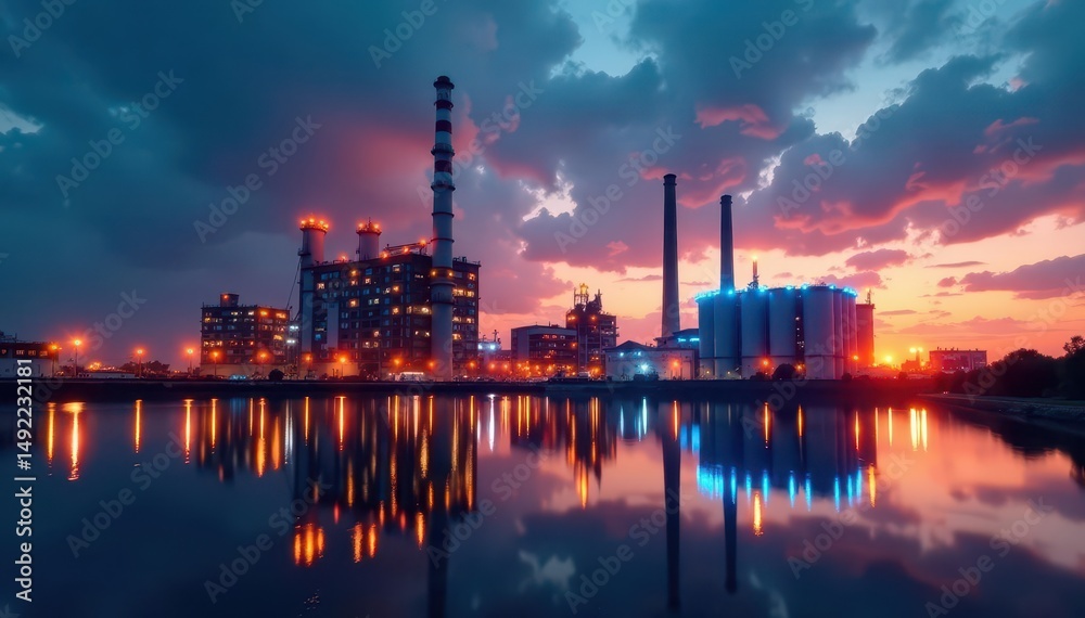 Obraz premium Factory skyline, data streams, economic indicators, energy, growth, data
