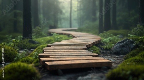 Obraz na płótnie Winding wooden path through a misty forest w salonie