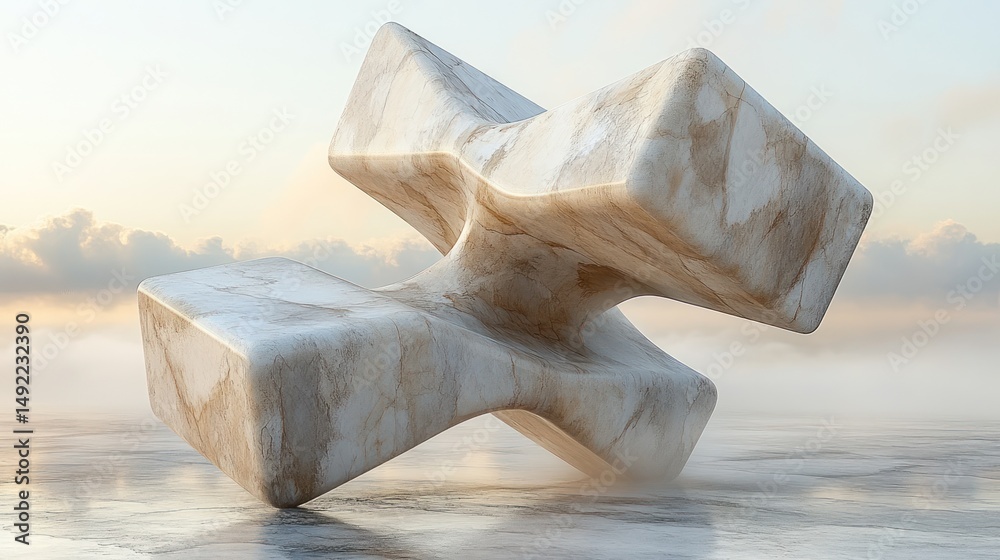 Abstract marble sculpture in a misty landscape
