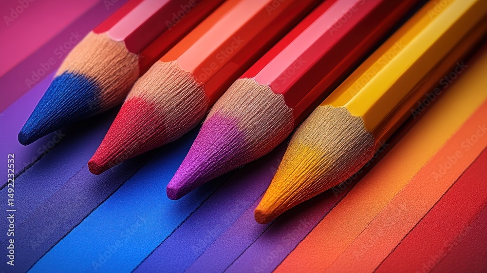 Vibrant colored pencils arranged on a colorful surface