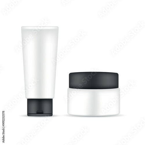 Realistic 3D Cosmetic Tube and Jar on White Background — Mockup Packaging for Cream, Lotion, Mask and Skincare Products