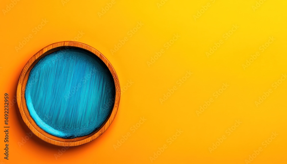 Teal-painted wooden bowl on orange background