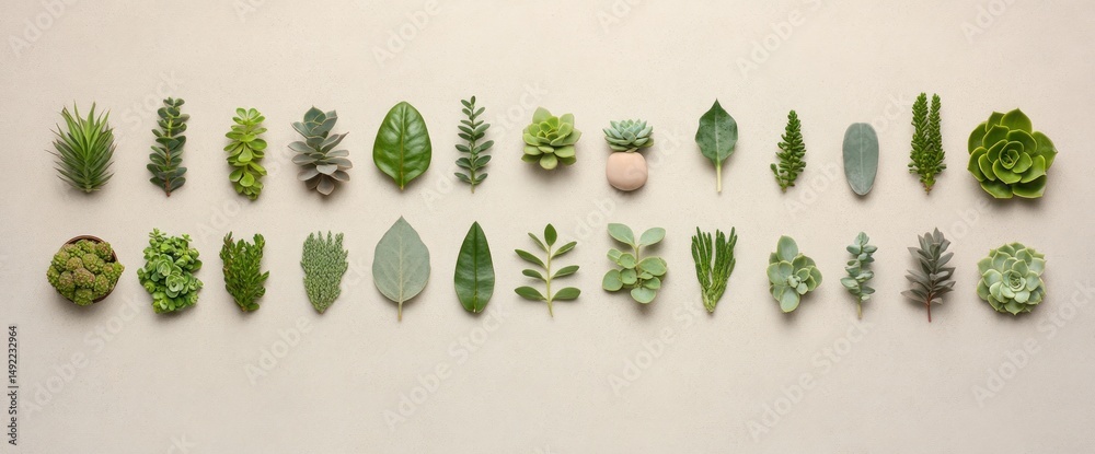Diverse succulent and foliage arrangement. Neat rows of various greens