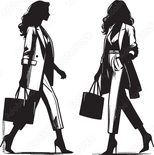 Two women in stylish suits walking with shopping bags in a black and white image