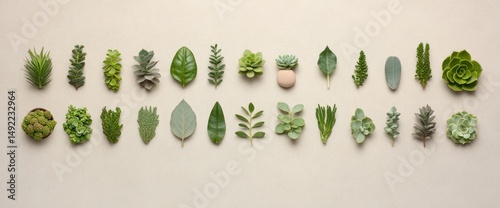 Obraz na płótnie Diverse succulent and foliage arrangement. Neat rows of various greens w salonie