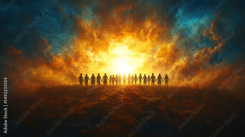 Silhouetted figures holding hands, walking towards a radiant sunset
