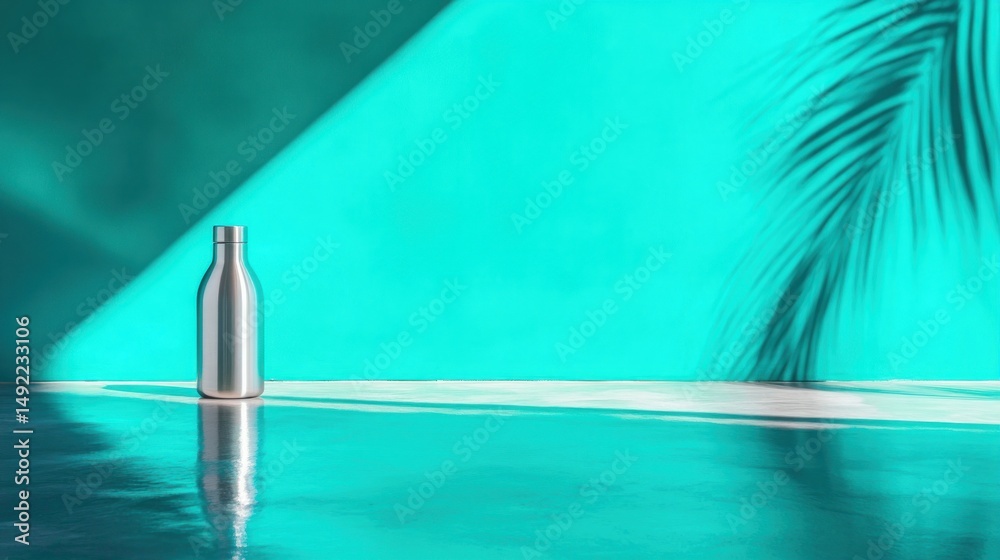 Silver water bottle on reflective surface against vibrant teal backdrop, palm leaf shadow