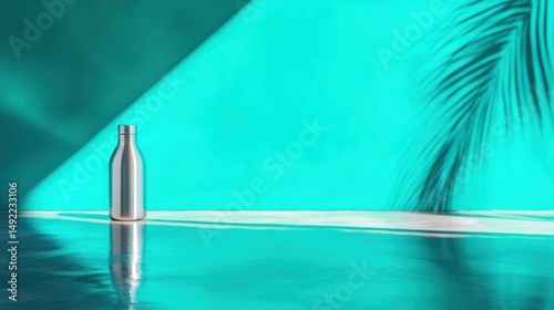 Obraz na płótnie Silver water bottle on reflective surface against vibrant teal backdrop, palm leaf shadow w salonie