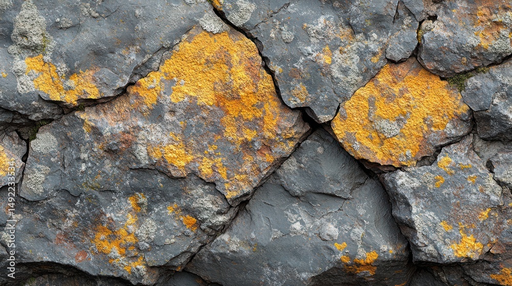 Close-up of gray stone with yellow lichen patches. Cracks and texture visible