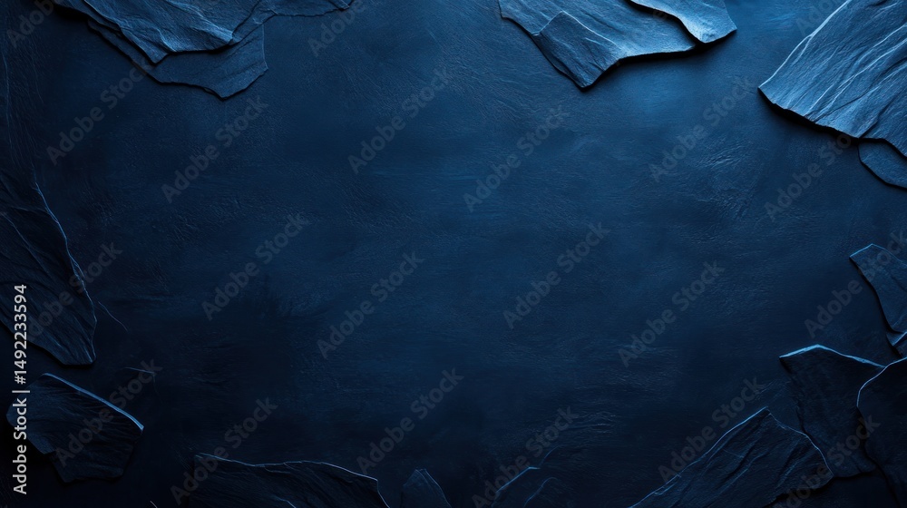 Dark blue textured background with irregular stone-like shapes forming a border