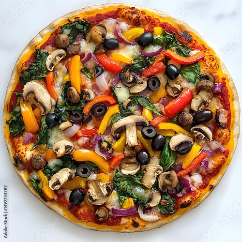 A colorful pizza with a variety of fresh vegetable on white background.