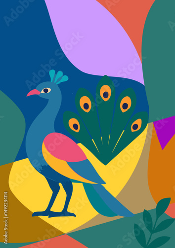 Abstract peacock illustration in vibrant colors | modern animal vector art for prints