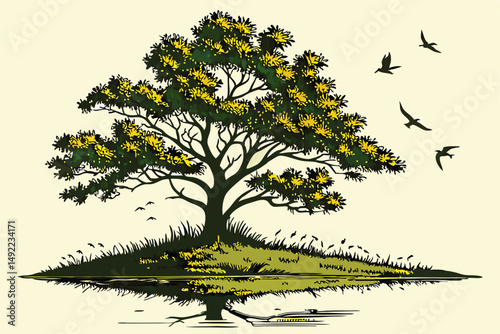 106 a lush green tree with colorful foliage on a small island surrounded by a calm lake, birds flying in the sky, reflection on the water, photographic, highly detailed, digital art, cinematic lightin