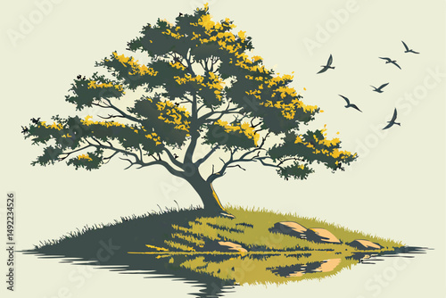 106 a lush green tree with colorful foliage on a small island surrounded by a calm lake, birds flying in the sky, reflection on the water, photographic, highly detailed, digital art, cinematic lightin