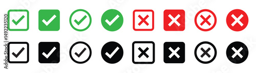 check mark icon button set. check box icon with right and wrong buttons and yes or no checkmark icons in green tick box and red cross
