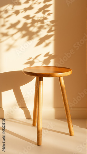 A simple wooden table with a round top filled with a coating that provides sunlight. The delicate shadows of leafy branches play on the textured cream wall in the background.