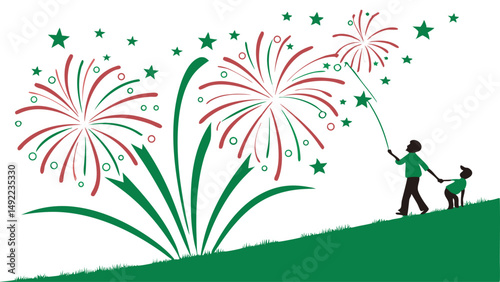 Vector image of fireworks and family celebrating holiday independence day illustration design for print and web use