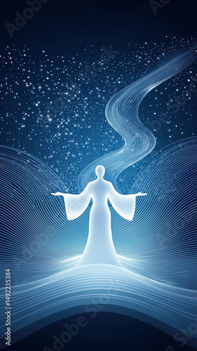 Serene silhouette of person practicing Tai Chi, surrounded by flowing lines and starry background, evokes sense of tranquility and harmony