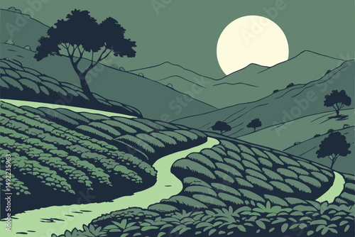 107 serene tea plantation at night, magnificent full moon, dramatic landscapes, mountainous terrain, lush green tea leaves, winding paths, atmospheric lighting, cinematic, matte painting style, highly