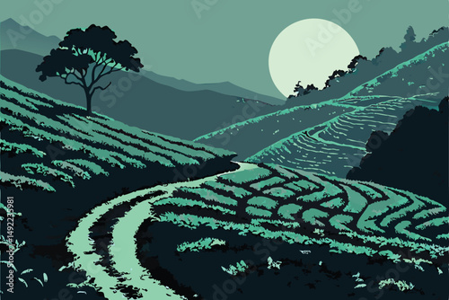 107 serene tea plantation at night, magnificent full moon, dramatic landscapes, mountainous terrain, lush green tea leaves, winding paths, atmospheric lighting, cinematic, matte painting style, highly