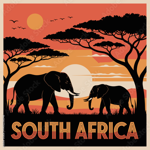 South Africa Safari Sunset with Elephants and Acacia Trees