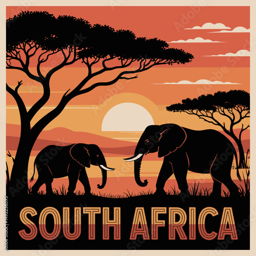 South Africa Safari Sunset with Elephants and Acacia Trees