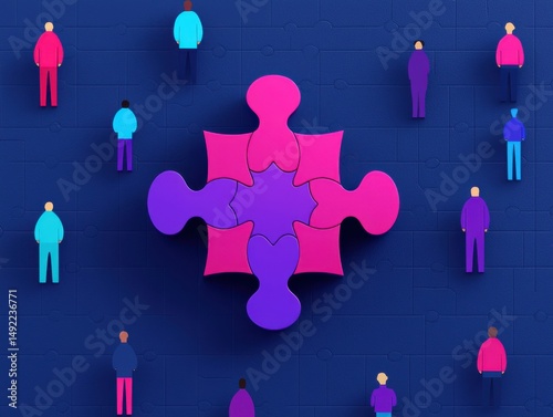 Colorful puzzle pieces with figures, representing teamwork and collaboration.