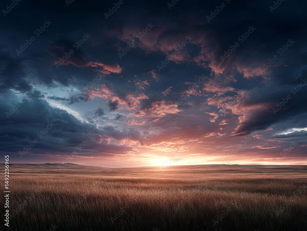 Fototapeta premium Beautiful sunset over a vast field with dramatic cloud formations.