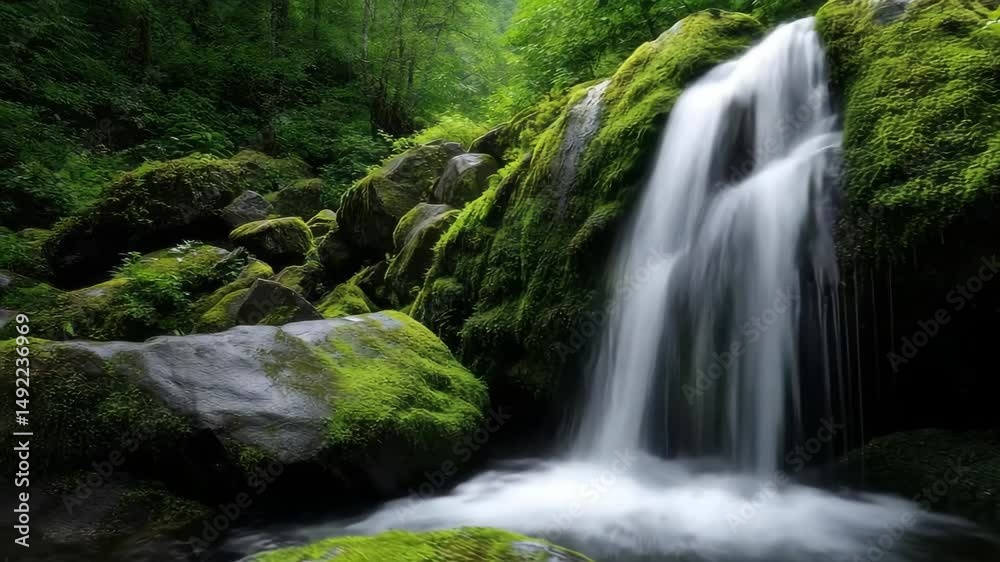 Lush waterfall cascading over mossy rocks. Lush waterfall cascading over mossy rocks.