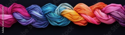 Colorful silk ribbons elegantly woven together in a vibrant, artistic display.