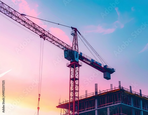 Construction crane at sunset highlighting modern urban development
