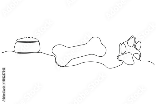 Hand-drawn dog food with paw continuous line art. Dog elements line art icon.