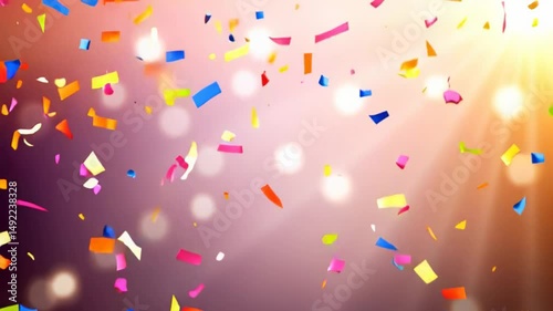 Colorful confetti falling with bright glowing lights and sunrays in the background. Perfect festive animation for celebration, party, or special occasion.