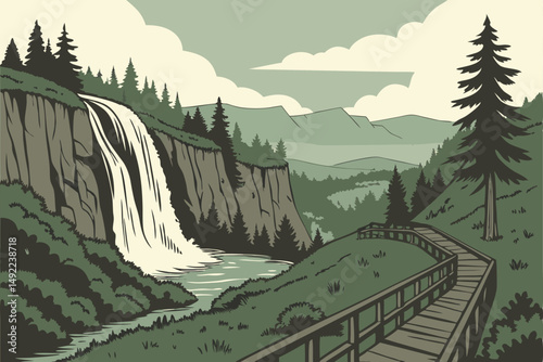 108 landscape, dramatic waterfall, lush green forest, wooden boardwalk trail, rugged cliff faces, scenic mountains, cloudy sky, serene nature, outdoor adventure, epic vista, picturesque landscape