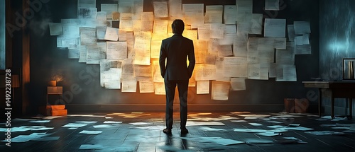 Man in suit contemplates wall of papers.