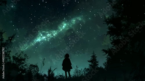 Silhouette figure gazing at night sky filled with stars.