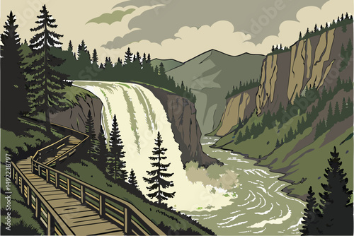 108 landscape, dramatic waterfall, lush green forest, wooden boardwalk trail, rugged cliff faces, scenic mountains, cloudy sky, serene nature, outdoor adventure, epic vista, picturesque landscape