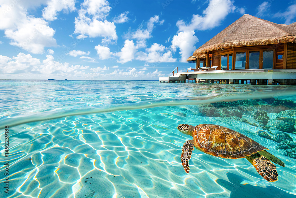 Obraz premium Exquisite overwater villa with a swimming turtle in serene, turquoise water near vibrant coral reefs.