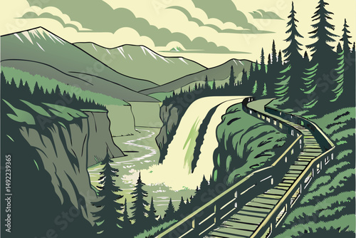 108 landscape, dramatic waterfall, lush green forest, wooden boardwalk trail, rugged cliff faces, scenic mountains, cloudy sky, serene nature, outdoor adventure, epic vista, picturesque landscape