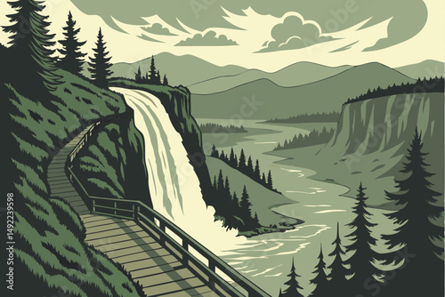 108 landscape, dramatic waterfall, lush green forest, wooden boardwalk trail, rugged cliff faces, scenic mountains, cloudy sky, serene nature, outdoor adventure, epic vista, picturesque landscape