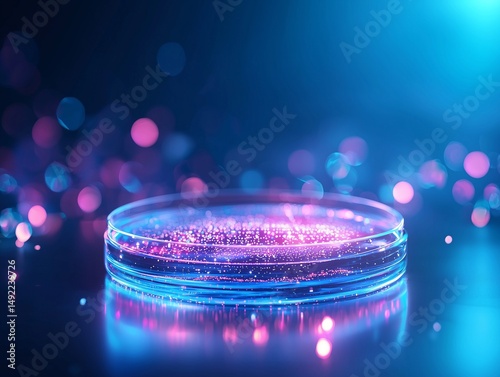 Glowing petri dish filled with vibrant colors and sparkling particles creates mesmerizing visual effect, evoking sense of wonder and curiosity