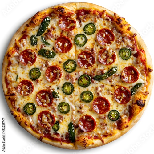 A fiery pizza topped with spicy jalapenos pepperoni on white background. 