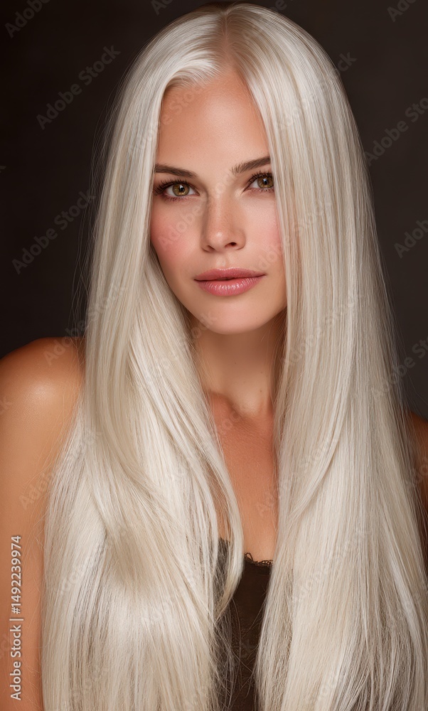 Naklejka premium An attractive blonde woman with long, smooth straight hair showcases her natural beauty while looking directly at the camera. The simple backdrop enhances her features