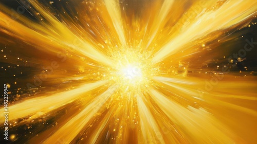 Bright explosion of radiant golden yellow light with glowing particles spreading outward in dynamic streaks
