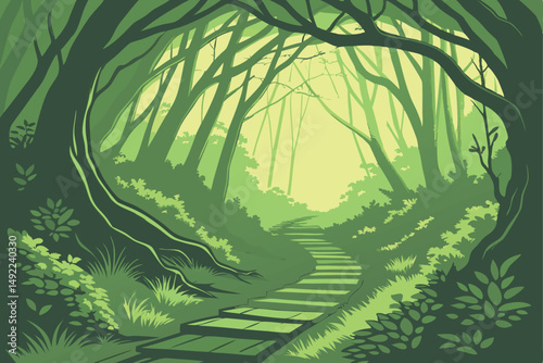 109 A lush, verdant tunnel of greenery, a wooden walkway leading through an enchanted forest, the sunlight filtering through the dense foliage, creating a serene and ethereal atmosphere, vibrant and c