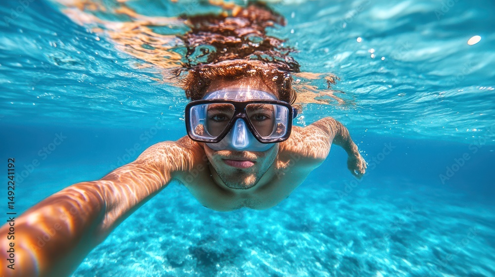 Fototapeta premium Underwater selfie, snorkeling man, turquoise ocean, sunny beach background, travel
